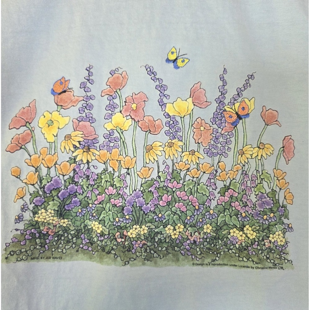 Vtg 1990s Wildflower Garden T Shirt Christina Martin Nature Butterfly Blue Large - Picture 2 of 6
